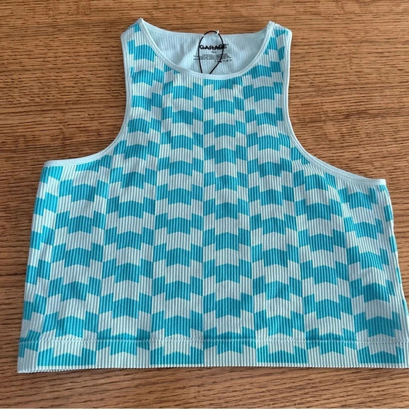 Garage NWOT high neck checker blue and light blue ribbed crop top in SM & LG - Picture 1 of 8